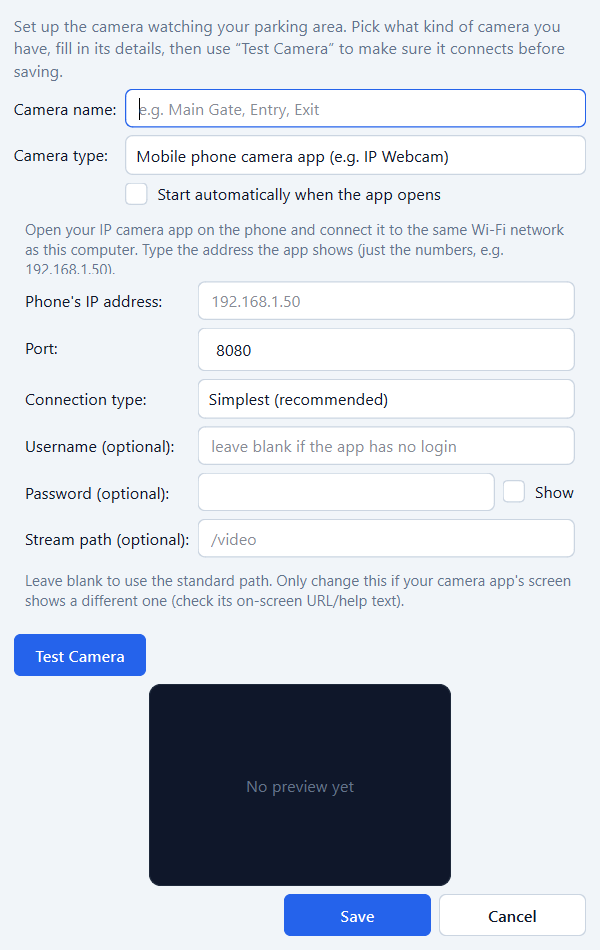 Camera Settings dialog with camera name, camera type, IP address, port and a Test Camera button