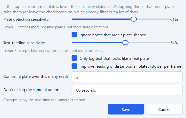 Detection Settings dialog with plate detection sensitivity and text reading sensitivity sliders