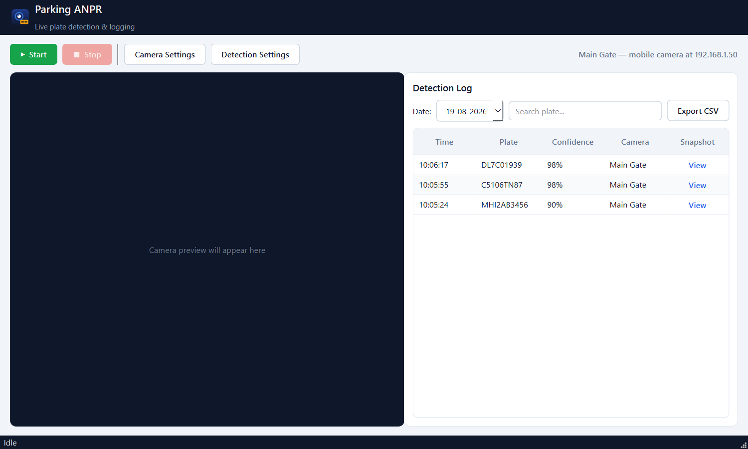 Parking ANPR main window, showing a live camera preview on the left and a searchable detection log table on the right